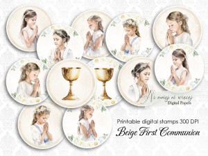 Beige First Communion digi stemple dziewczynka