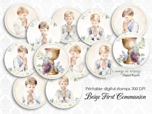Beige First Communion digi stemple chłopiec