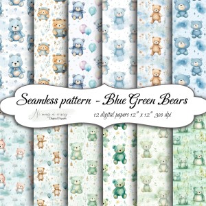 Seamless pattern Blue Green Bears  KWADRAT papiery do druku