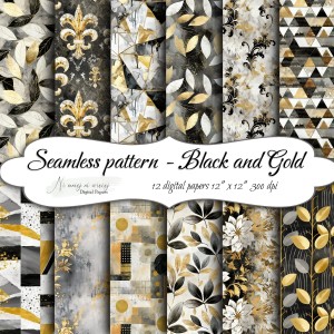Seamless pattern Black and Gold  KWADRAT papiery do druku