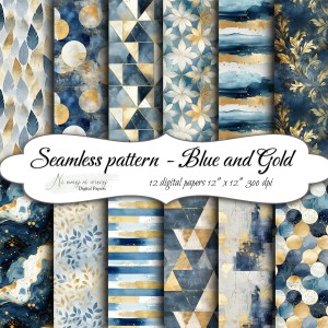 Seamless pattern Blue and Gold  KWADRAT papiery do druku