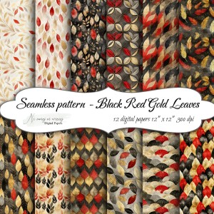 Seamless pattern Black Red Gold Leaves  KWADRAT papiery do druku