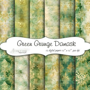 Green Grunge Damask- papiery do druku KWADRAT