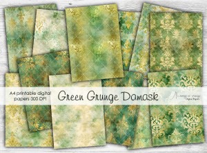A4 Green Grunge Damask- papiery do druku 