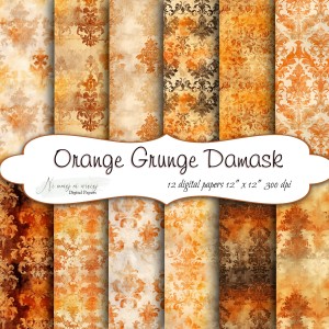 Orange Grunge Damask- papiery do druku KWADRAT