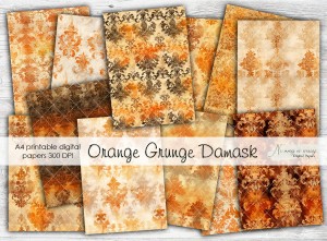 A4 Orange Grunge Damask- papiery do druku 