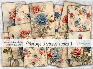 A4 Vintage distress roses - papiery do druku 