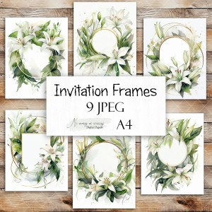 A4 ramki zaproszenia "Lilie białe"- zestaw grafik do druku