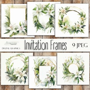 Kwadratowe ramki zaproszenia "Lilie białe"- zestaw grafik do druku