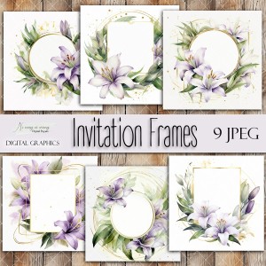 Kwadratowe ramki zaproszenia "Lilie fioletowe"- zestaw grafik do druku