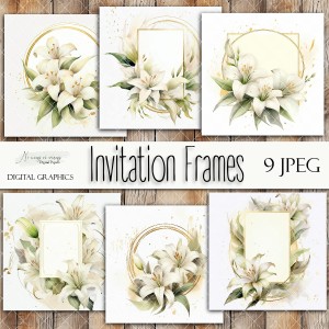 Kwadratowe ramki zaproszenia "Lilie beżowe"- zestaw grafik do druku