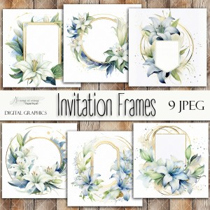 Kwadratowe ramki zaproszenia "Lilie niebieskie"- zestaw grafik do druku