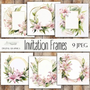 Kwadratowe ramki zaproszenia "Lilie różowe"- zestaw grafik do druku