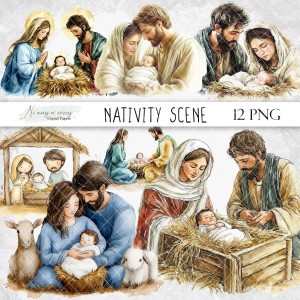 Zestaw grafik ze Świętą Rodziną "Nativity Scene" do wydruku