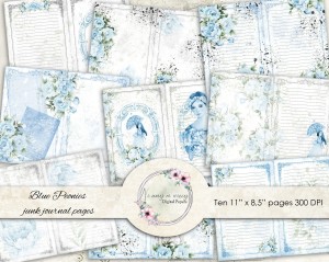 Blue Peonies junk journal karty do druku